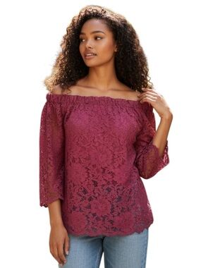 DO + BE Merlot Lace Off Shoulder Tie 3/4 Sleeve Top Blouse (S)